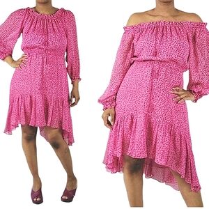 Diane Von Furstenberg Pink Barbiecore Camila off the Shoulder Hi-Lo Silk…